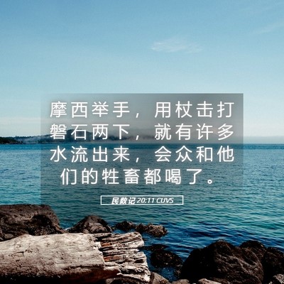Picture 05 - 民 数 记 20:11 CUVS - 摩 西 举 手 ， 用 杖 击 打 磐 石 两 - Bible Verse Picture