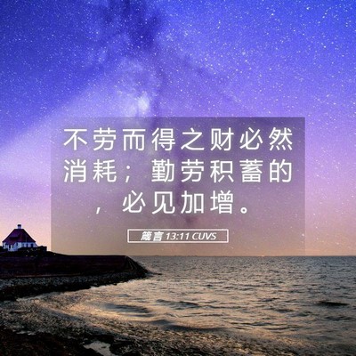 Picture 05 - 箴 言 13:11 CUVS - 不 劳 而 得 之 财 必 然 消 耗 ； 勤 - Bible Verse Picture