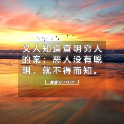 Picture 05 - 箴 言 29:7 CUVS - 义 人 知 道 查 明 穷 人 的 案 ； 恶 - Bible Verse Picture