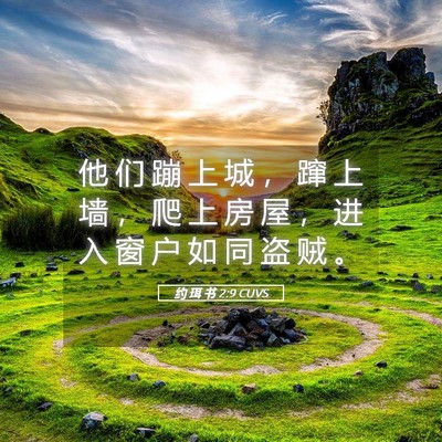 Picture 05 - 约 珥 书 2:9 CUVS - 他 们 蹦 上 城 ， 蹿 上 墙 ， 爬 上 - Bible Verse Picture