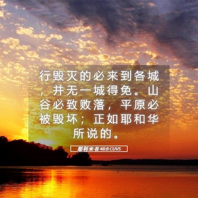 Picture 05 - 耶 利 米 书 48:8 CUVS - 行 毁 灭 的 必 来 到 各 城 ， 并 无 - Bible Verse Picture