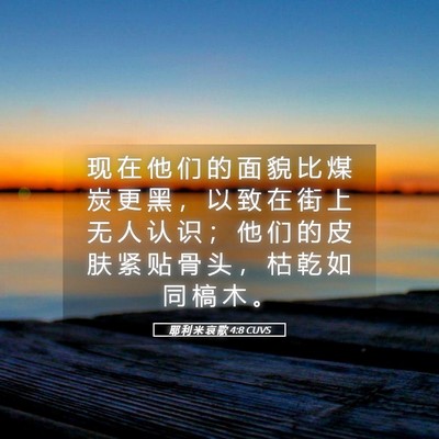 Picture 05 - 耶 利 米 哀 歌 4:8 CUVS - 现 在 他 们 的 面 貌 比 煤 炭 更 黑 - Bible Verse Picture