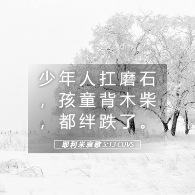 Picture 05 - 耶 利 米 哀 歌 5:13 CUVS - 少 年 人 扛 磨 石 ， 孩 童 背 木 柴 - Bible Verse Picture