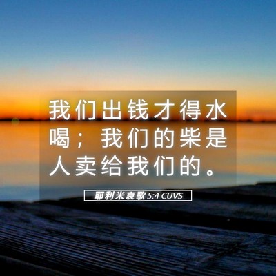 Picture 05 - 耶 利 米 哀 歌 5:4 CUVS - 我 们 出 钱 才 得 水 喝 ； 我 们 的 - Bible Verse Picture