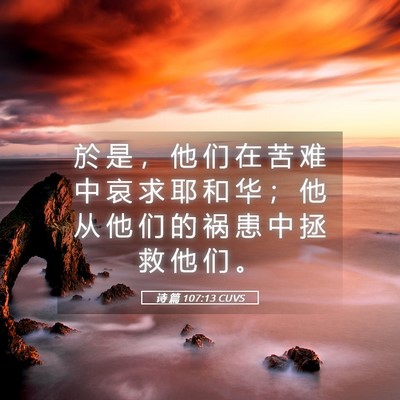 Picture 05 - 诗 篇 107:13 CUVS - 於 是 ， 他 们 在 苦 难 中 哀 求 耶 - Bible Verse Picture