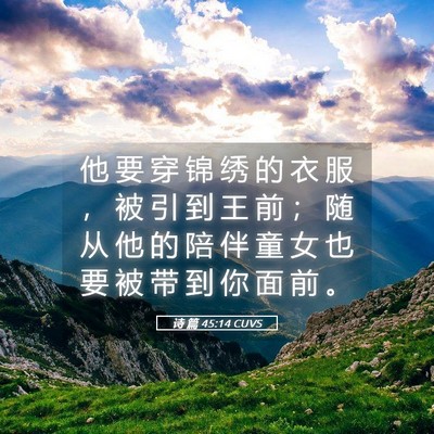 Picture 05 - 诗 篇 45:14 CUVS - 他 要 穿 锦 绣 的 衣 服 ， 被 引 到 - Bible Verse Picture