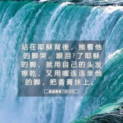 Picture 05 - 路 加 福 音 7:38 CUVS - 站 在 耶 稣 背 後 ， 挨 着 他 的 脚 - Bible Verse Picture