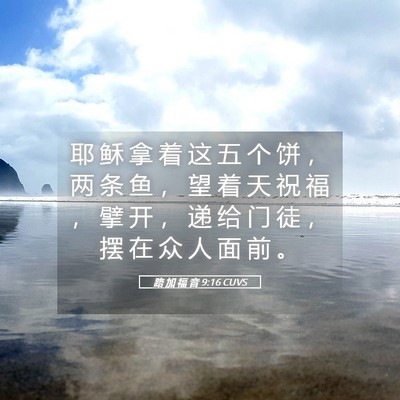 Picture 05 - 路 加 福 音 9:16 CUVS - 耶 稣 拿 着 这 五 个 饼 ， 两 条 鱼 - Bible Verse Picture
