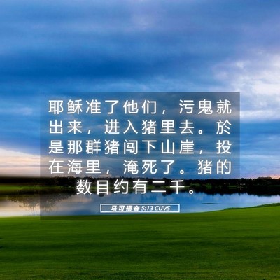 Picture 05 - 马 可 福 音 5:13 CUVS - 耶 稣 准 了 他 们 ， 污 鬼 就 出 来 - Bible Verse Picture