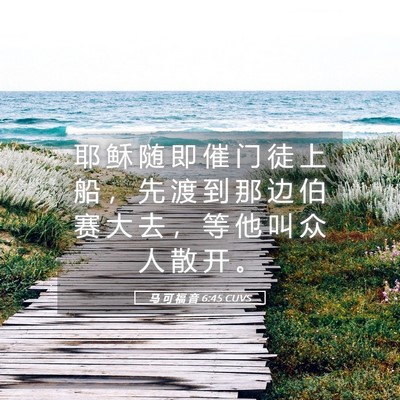Picture 05 - 马 可 福 音 6:45 CUVS - 耶 稣 随 即 催 门 徒 上 船 ， 先 渡 - Bible Verse Picture