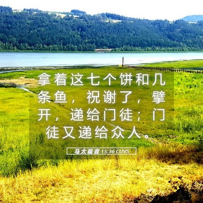 Picture 05 - 马 太 福 音 15:36 CUVS - 拿 着 这 七 个 饼 和 几 条 鱼 ， 祝 - Bible Verse Picture