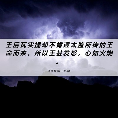 Picture 06 - 以 斯 帖 记 1:12 CUVS - 王 后 瓦 实 提 却 不 肯 遵 太 监 所 - Bible Verse Picture