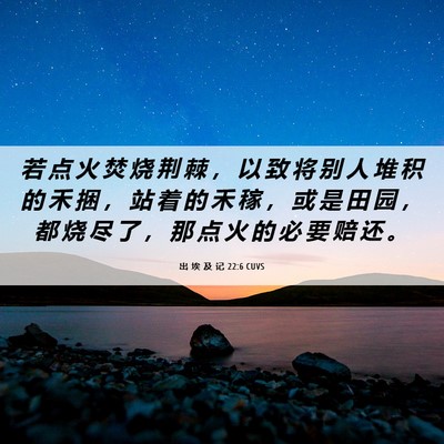 Picture 06 - 出 埃 及 记 22:6 CUVS - 若 点 火 焚 烧 荆 棘 ， 以 致 将 别 - Bible Verse Picture