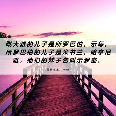 Picture 06 - 历 代 志 上 3:19 CUVS - 毗 大 雅 的 儿 子 是 所 罗 巴 伯 、 - Bible Verse Picture