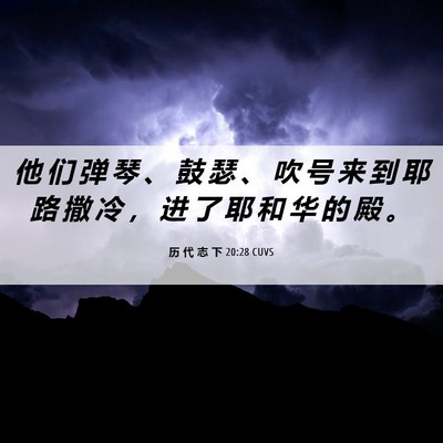 Picture 06 - 历 代 志 下 20:28 CUVS - 他 们 弹 琴 、 鼓 瑟 、 吹 号 来 到 - Bible Verse Picture