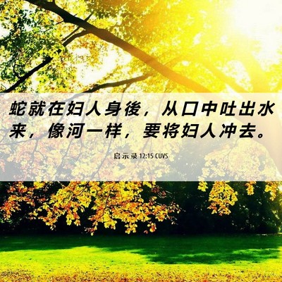 Picture 06 - 启 示 录 12:15 CUVS - 蛇 就 在 妇 人 身 後 ， 从 口 中 吐 - Bible Verse Picture