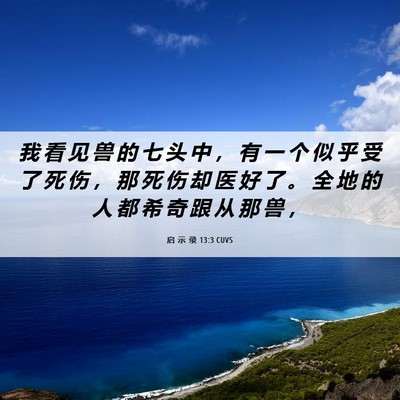 Picture 06 - 启 示 录 13:3 CUVS - 我 看 见 兽 的 七 头 中 ， 有 一 个 - Bible Verse Picture