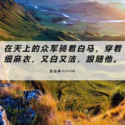 Picture 06 - 启 示 录 19:14 CUVS - 在 天 上 的 众 军 骑 着 白 马 ， 穿 - Bible Verse Picture