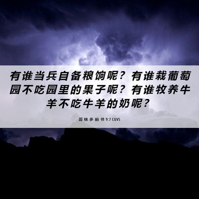 Picture 06 - 哥 林 多 前 书 9:7 CUVS - 有 谁 当 兵 自 备 粮 饷 呢 ？ 有 谁 - Bible Verse Picture