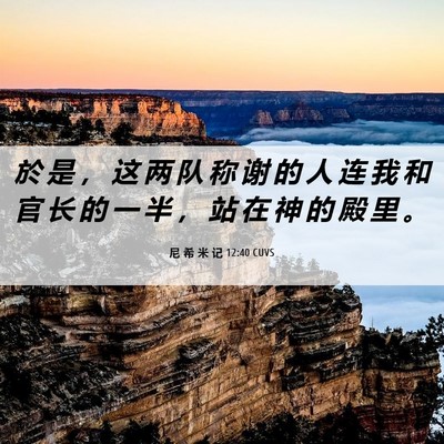 Picture 06 - 尼 希 米 记 12:40 CUVS - 於 是 ， 这 两 队 称 谢 的 人 连 我 - Bible Verse Picture