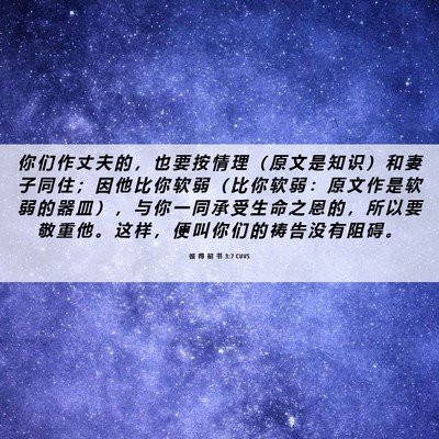 Picture 06 - 彼 得 前 书 3:7 CUVS - 你 们 作 丈 夫 的 ， 也 要 按 情 理 - Bible Verse Picture