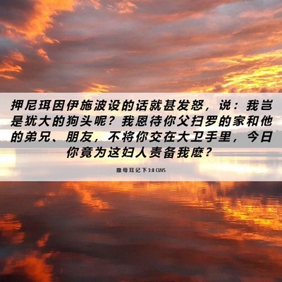 Picture 06 - 撒 母 耳 记 下 3:8 CUVS - 押 尼 珥 因 伊 施 波 设 的 话 就 甚 - Bible Verse Picture