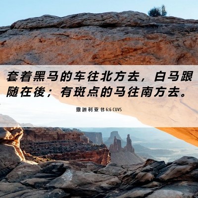 Picture 06 - 撒 迦 利 亚 书 6:6 CUVS - 套 着 黑 马 的 车 往 北 方 去 ， 白 - Bible Verse Picture