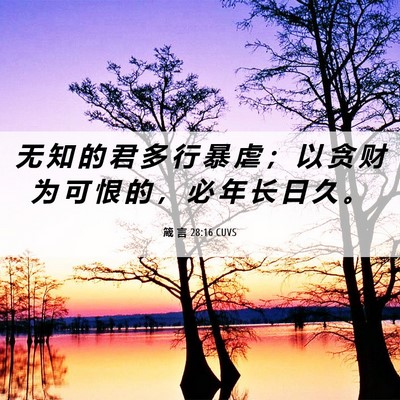 Picture 06 - 箴 言 28:16 CUVS - 无 知 的 君 多 行 暴 虐 ； 以 贪 财 - Bible Verse Picture