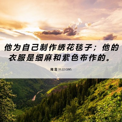 Picture 06 - 箴 言 31:22 CUVS - 他 为 自 己 制 作 绣 花 毯 子 ； 他 - Bible Verse Picture