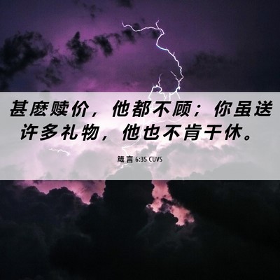 Picture 06 - 箴 言 6:35 CUVS - 甚 麽 赎 价 ， 他 都 不 顾 ； 你 虽 - Bible Verse Picture