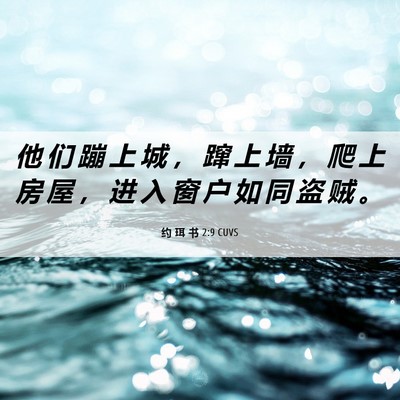Picture 06 - 约 珥 书 2:9 CUVS - 他 们 蹦 上 城 ， 蹿 上 墙 ， 爬 上 - Bible Verse Picture
