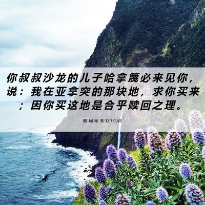 Picture 06 - 耶 利 米 书 32:7 CUVS - 你 叔 叔 沙 龙 的 儿 子 哈 拿 篾 必 - Bible Verse Picture