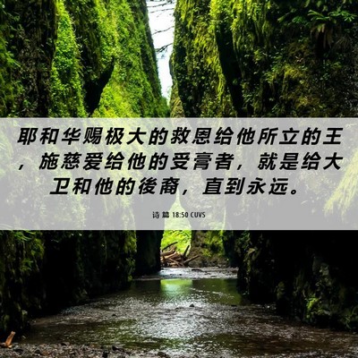 Picture 06 - 诗 篇 18:50 CUVS - 耶 和 华 赐 极 大 的 救 恩 给 他 所 - Bible Verse Picture