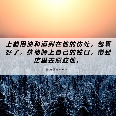 Picture 06 - 路 加 福 音 10:34 CUVS - 上 前 用 油 和 酒 倒 在 他 的 伤 处 - Bible Verse Picture