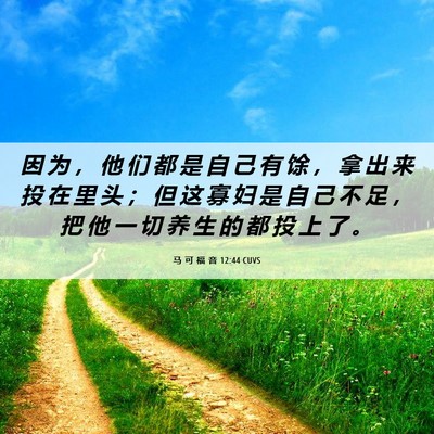 Picture 06 - 马 可 福 音 12:44 CUVS - 因 为 ， 他 们 都 是 自 己 有 馀 ， - Bible Verse Picture