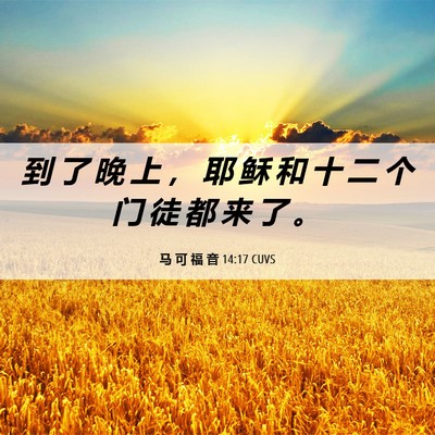 Picture 06 - 马 可 福 音 14:17 CUVS - 到 了 晚 上 ， 耶 稣 和 十 二 个 门 - Bible Verse Picture