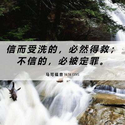 Picture 06 - 马 可 福 音 16:16 CUVS - 信 而 受 洗 的 ， 必 然 得 救 ； 不 - Bible Verse Picture