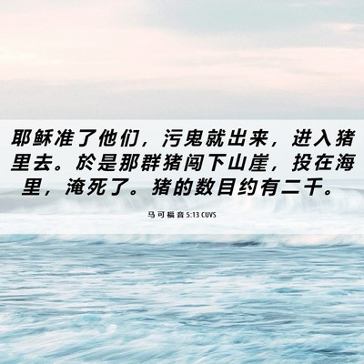 Picture 06 - 马 可 福 音 5:13 CUVS - 耶 稣 准 了 他 们 ， 污 鬼 就 出 来 - Bible Verse Picture