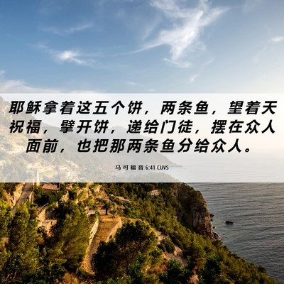 Picture 06 - 马 可 福 音 6:41 CUVS - 耶 稣 拿 着 这 五 个 饼 ， 两 条 鱼 - Bible Verse Picture
