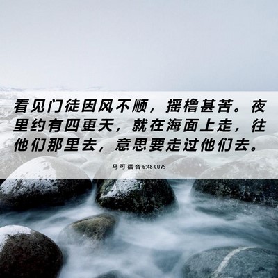 Picture 06 - 马 可 福 音 6:48 CUVS - 看 见 门 徒 因 风 不 顺 ， 摇 橹 甚 - Bible Verse Picture