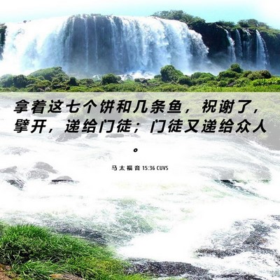 Picture 06 - 马 太 福 音 15:36 CUVS - 拿 着 这 七 个 饼 和 几 条 鱼 ， 祝 - Bible Verse Picture