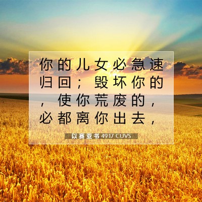 Picture 07 - 以 赛 亚 书 49:17 CUVS - 你 的 儿 女 必 急 速 归 回 ； 毁 坏 - Bible Verse Picture
