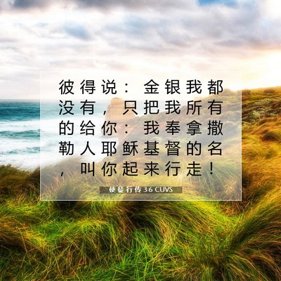 Picture 07 - 使 徒 行 传 3:6 CUVS - 彼 得 说 ： 金 银 我 都 没 有 ， 只 - Bible Verse Picture
