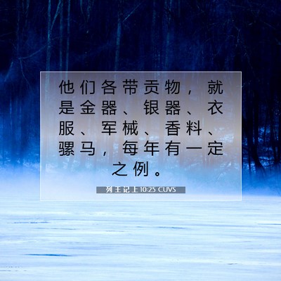 Picture 07 - 列 王 记 上 10:25 CUVS - 他 们 各 带 贡 物 ， 就 是 金 器 、 - Bible Verse Picture