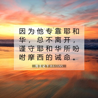 Picture 07 - 列 王 记 下 18:6 CUVS - 因 为 他 专 靠 耶 和 华 ， 总 不 离 - Bible Verse Picture