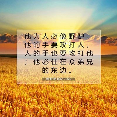 Picture 07 - 创 世 纪 16:12 CUVS - 他 为 人 必 像 野 驴 。 他 的 手 要 - Bible Verse Picture