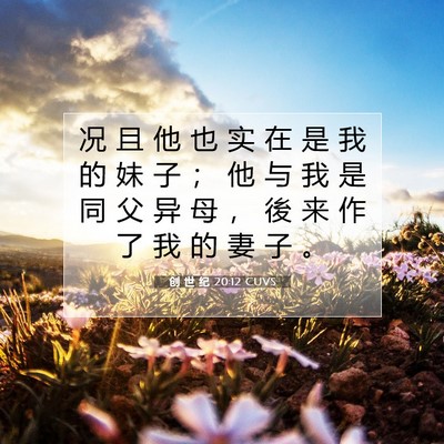 Picture 07 - 创 世 纪 20:12 CUVS - 况 且 他 也 实 在 是 我 的 妹 子 ； - Bible Verse Picture