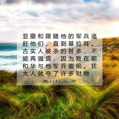 Picture 07 - 历 代 志 下 14:13 CUVS - 亚 撒 和 跟 随 他 的 军 兵 追 赶 他 - Bible Verse Picture