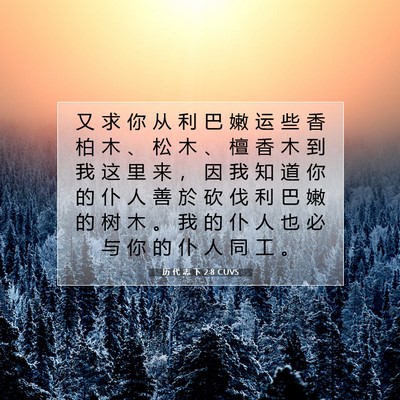Picture 07 - 历 代 志 下 2:8 CUVS - 又 求 你 从 利 巴 嫩 运 些 香 柏 木 - Bible Verse Picture