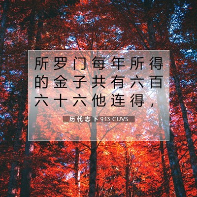 Picture 07 - 历 代 志 下 9:13 CUVS - 所 罗 门 每 年 所 得 的 金 子 共 有 - Bible Verse Picture